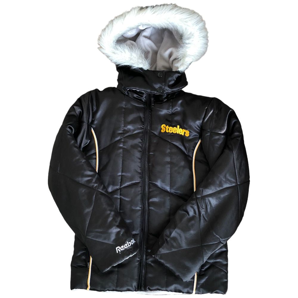 PITTSBURGH STEELERS NFL REEBOK YOUTH  SATIN BLACK HOODED JACKET Size‎ L